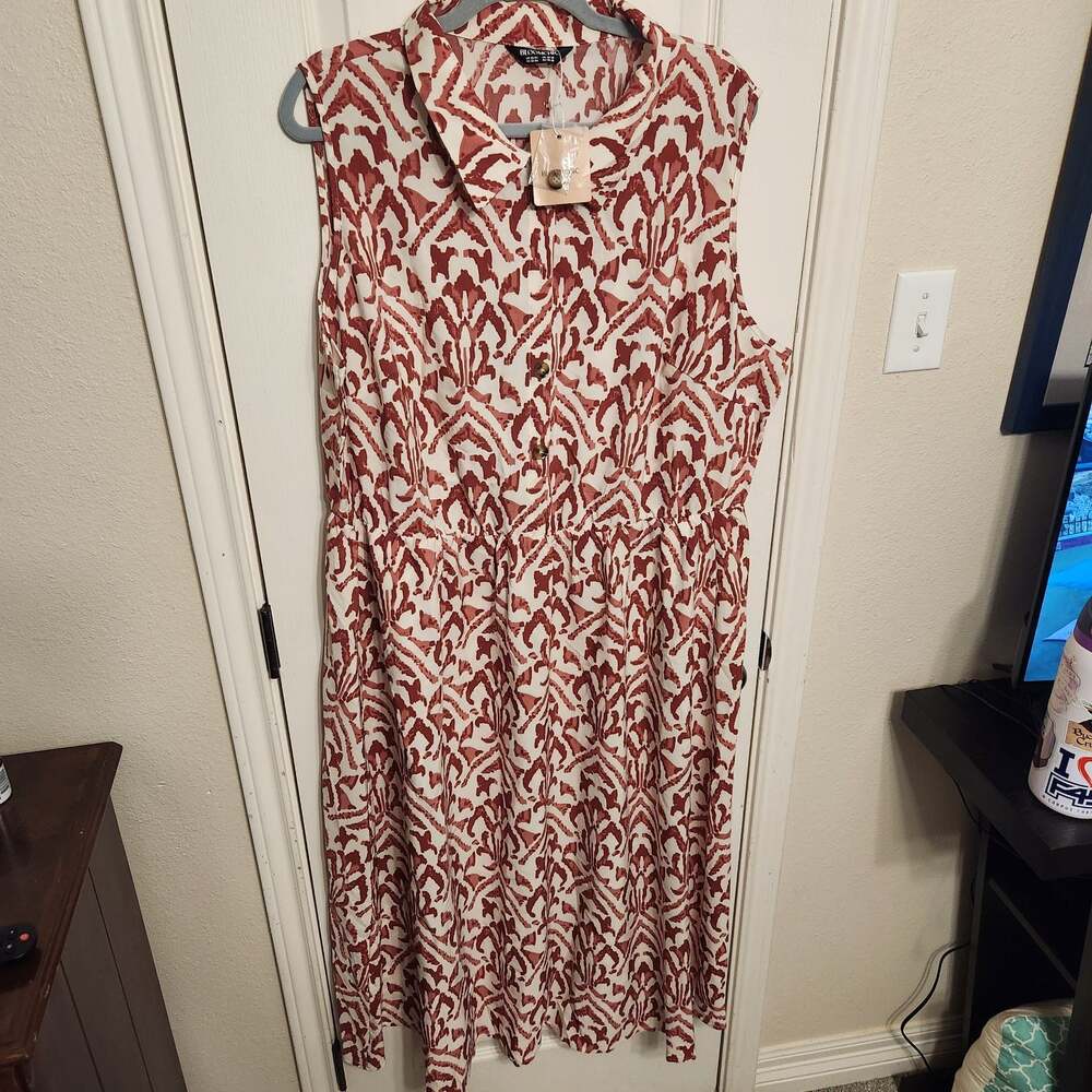 Plus size red and White Geometric Print Sleeveless Button-Up Collar Midi Dress